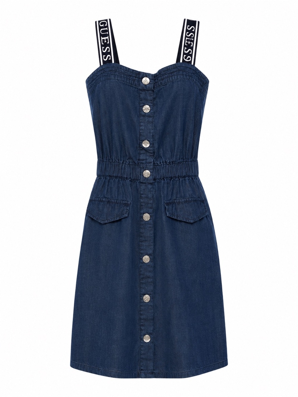 Guess Navy Denim Button-Front Midi Dress with Branded Straps